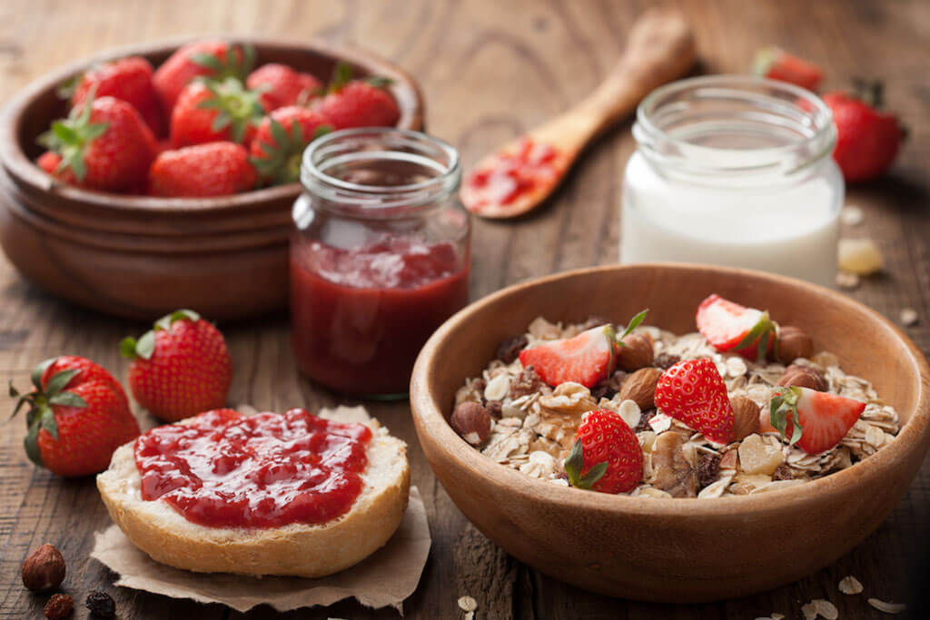 Strawberries in bowl of oats