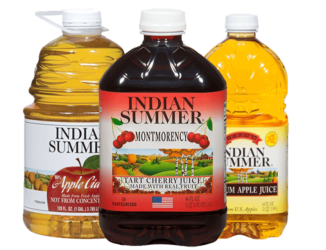 Three bottles of Indian Summer fruit juice products.
