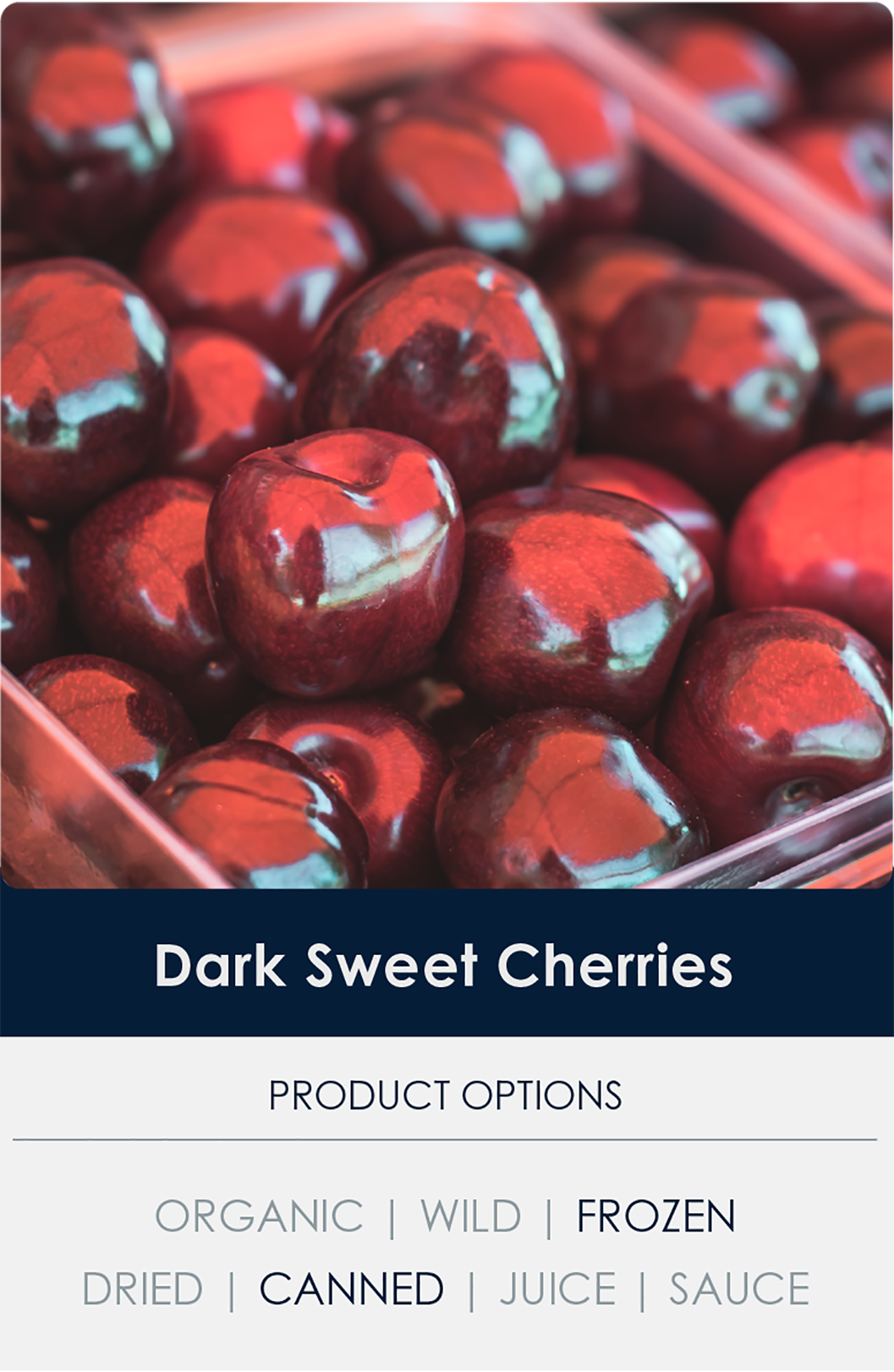 Dark Sweet Cherries with text: Product Options Organic Wild Frozen Dried Canned Juice Sauce.