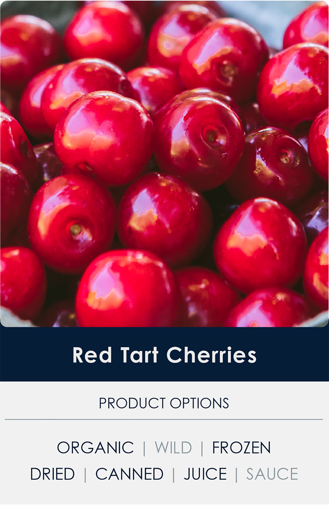 Red tart cherries above a list of product options: organic, wild, frozen, dried, canned, juice, sauce.