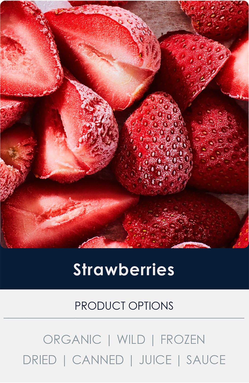 Photos of strawberries with text below listing product options: organic, wild, frozen, dried, canned, juice, sauce.