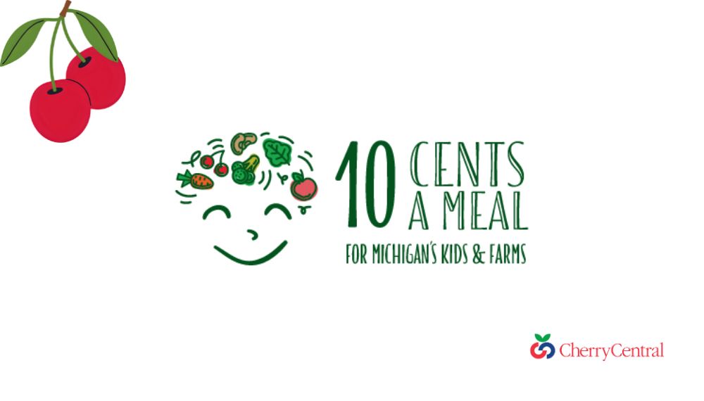 an image of 10 cents a meal for Michigan's kids and farms logo and cherry central logo with montmorency cherry graphic